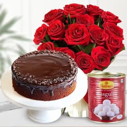 Red Roses Bouquet with Haldirams Rasgulla and Eggless Cake 1