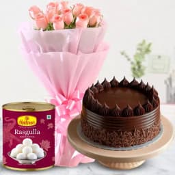 Combo of Pink Roses and Haldiram Rasgulla with Eggless Chocolate Cake 1