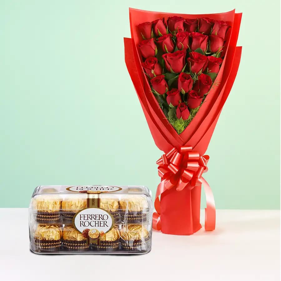 12 Exclusive Dutch Red Roses Bouquet with 16 pcs Ferrero Rocher