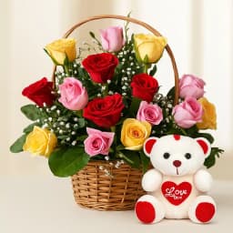 Mixed Roses with Teddy Bear 1