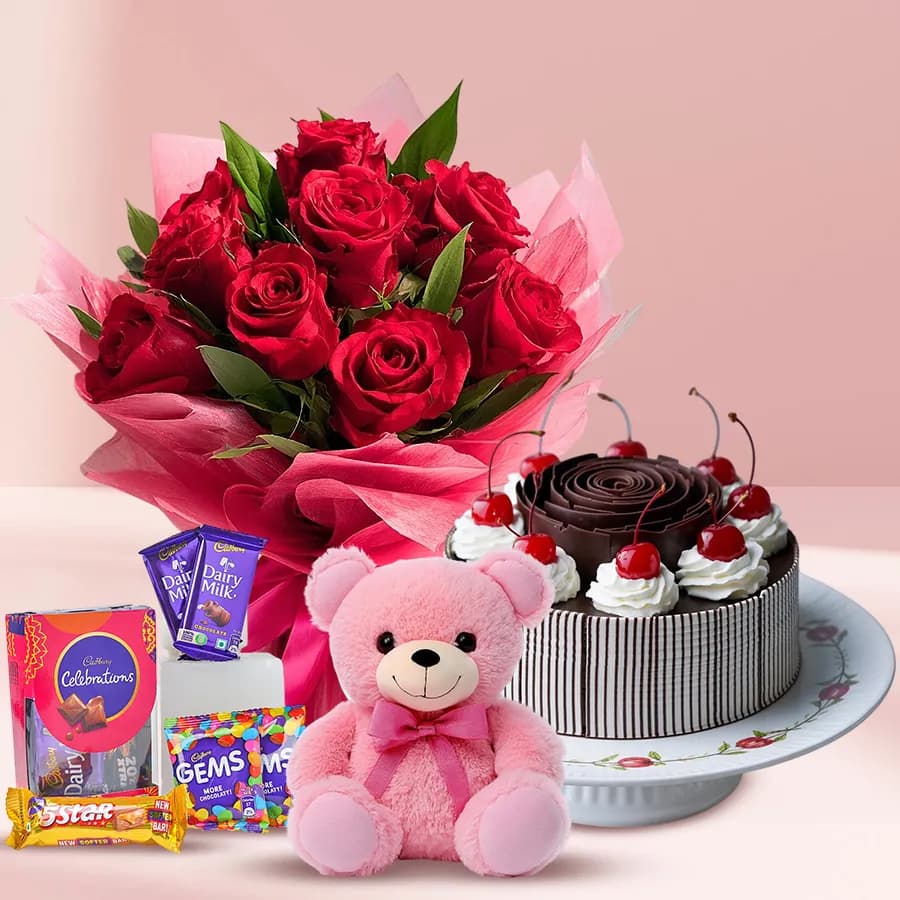 Teddy with Black Forest Cake Mixed Chocos N Dutch Roses