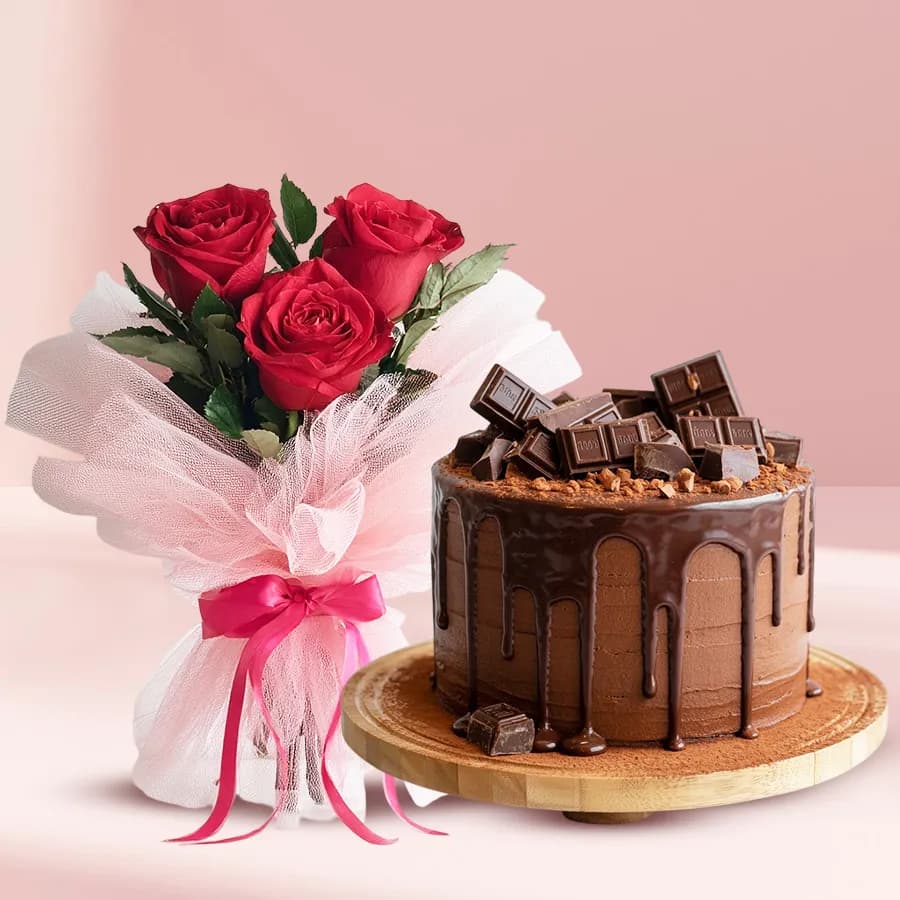 Red Rose Bouquet with Chocolate Cake