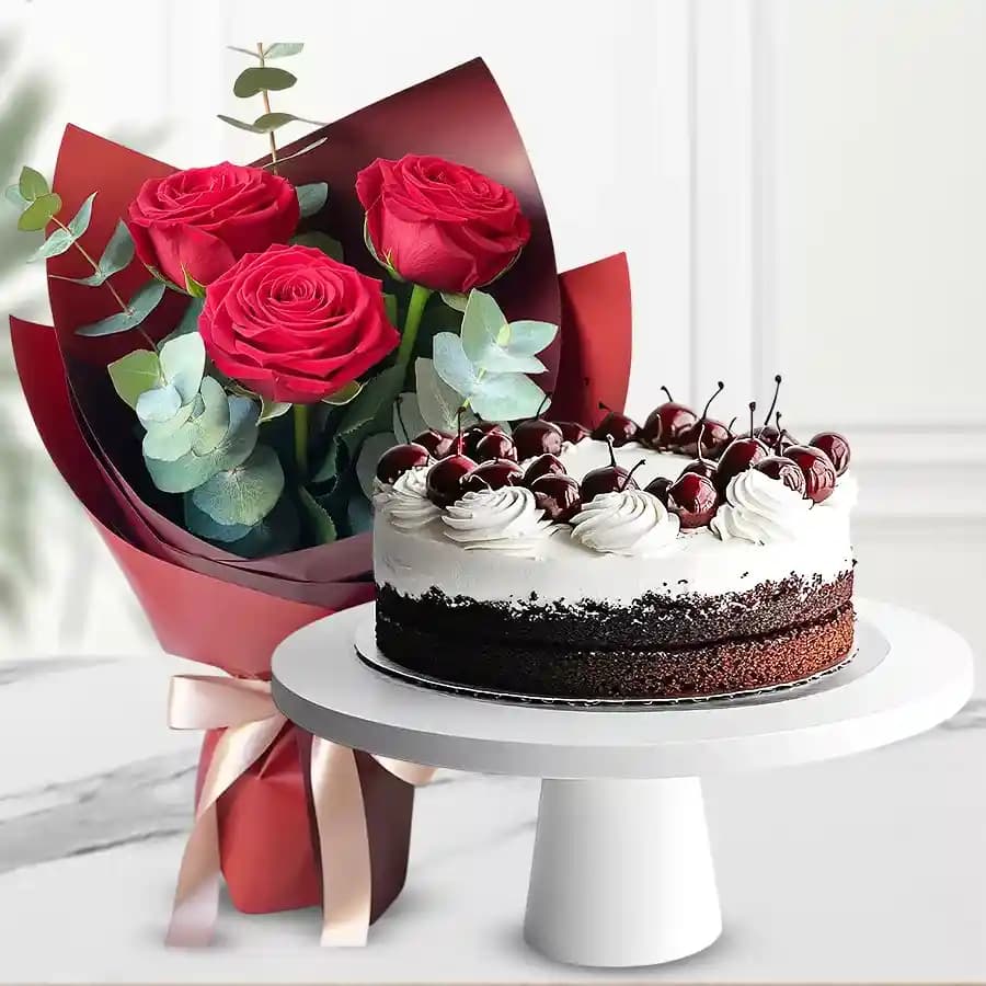 Red Rose Bouquet with Black Forest Cake