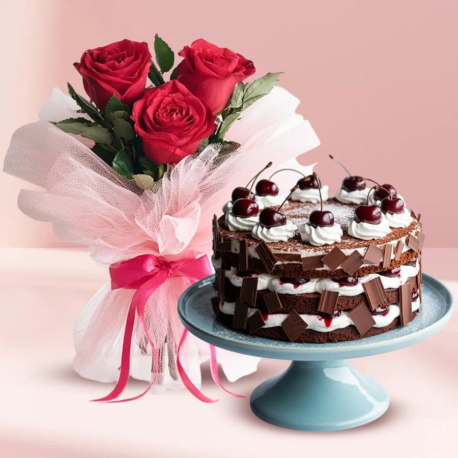 Red Rose Bouquet with Black Forest Cake
