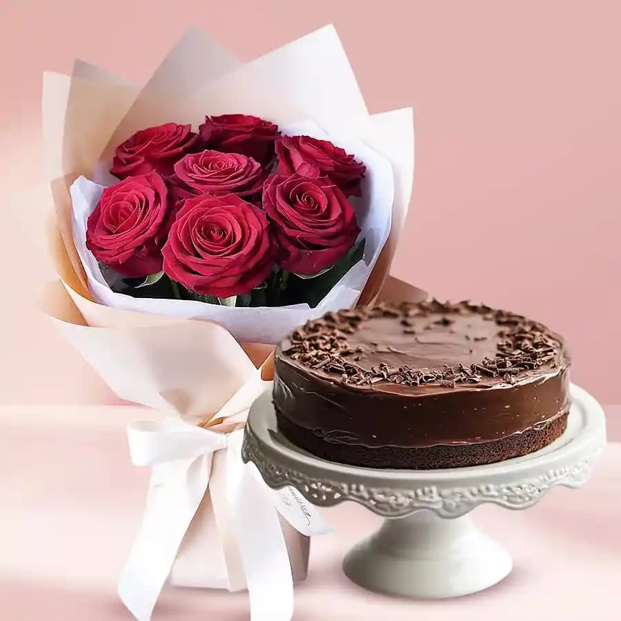 Red Rose Bouquet with Chocolate Cake