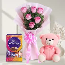 Pink Roses with Teddy and Chocolates 1