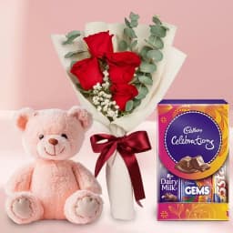 Red Roses Bunch with Teddy N Chocolates Pack 1