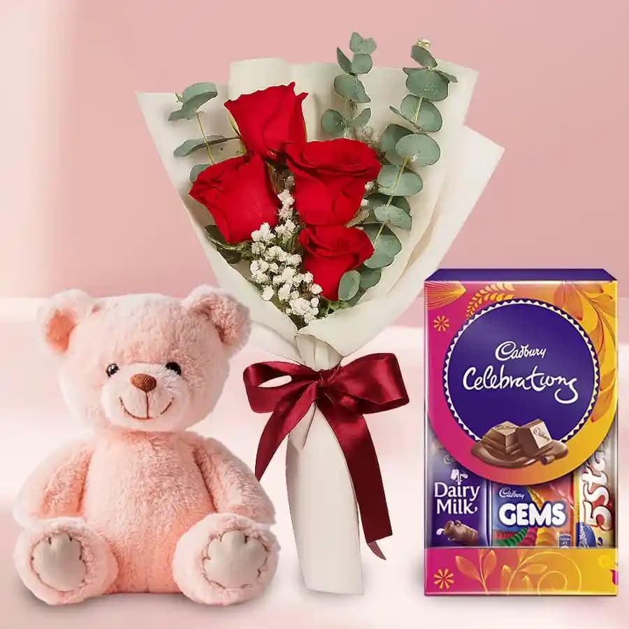 Red Roses Bunch with Teddy N Chocolates Pack