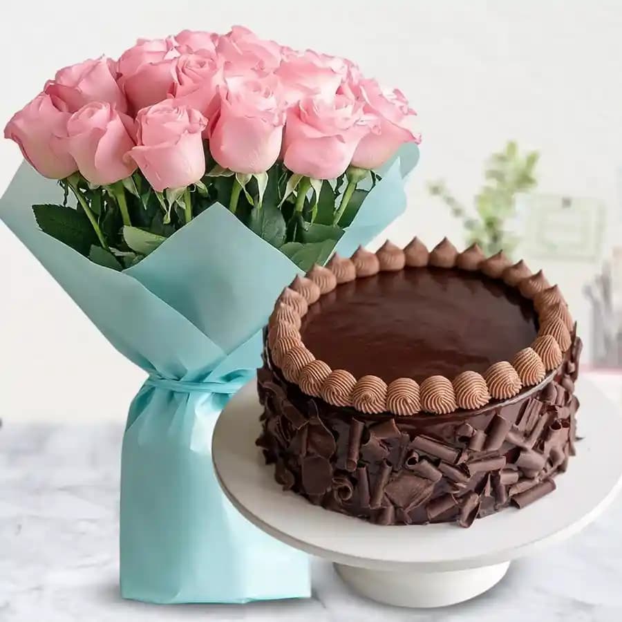 Pretty 12 Pink Roses with 1/2 Kg Chocolate Cake
