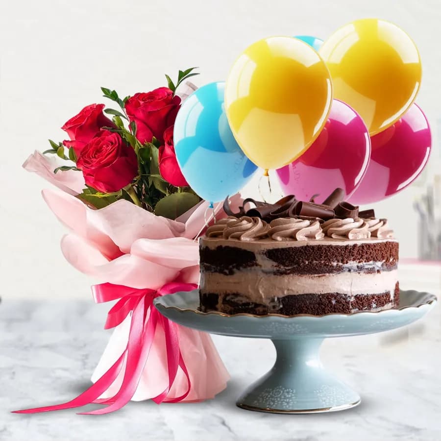 Chocolate Cake with Red Rose Bouquet and Balloons