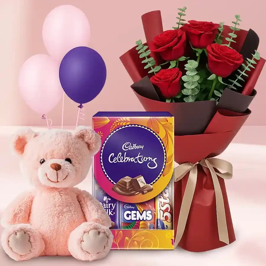Roses with Chocolates Teddy and Balloons