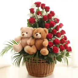 Breathtaking Arrangement of Red Roses and Twin Teddy 1