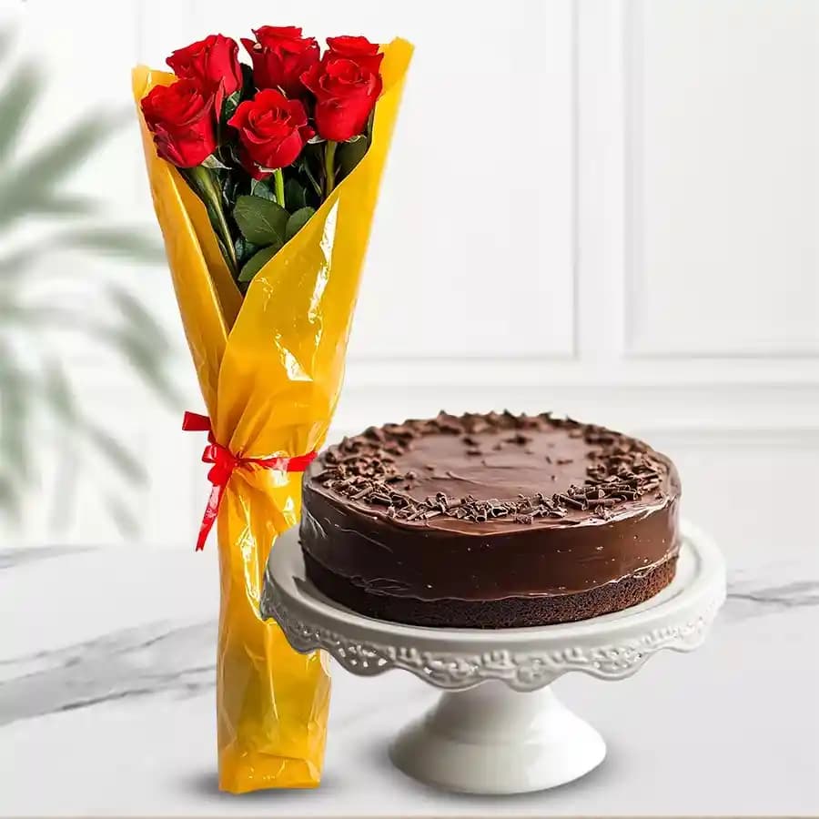 Chocolate Cake with Red Roses Bouquet