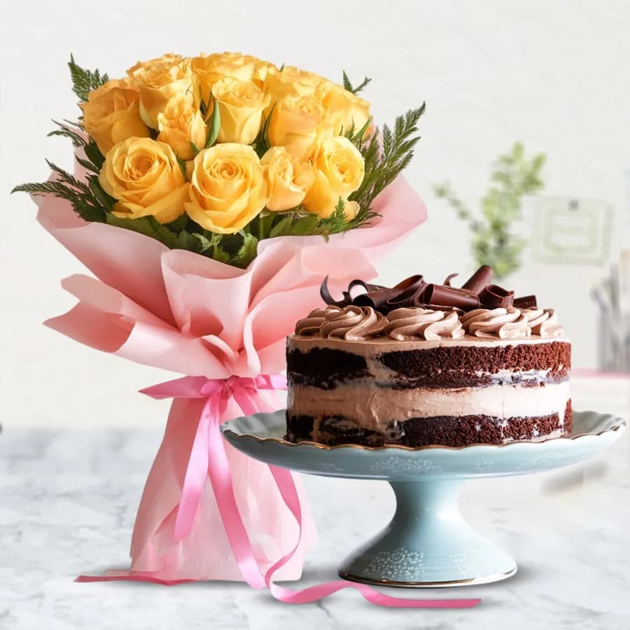 Chocolate Cake with Yellow Rose Bouquet