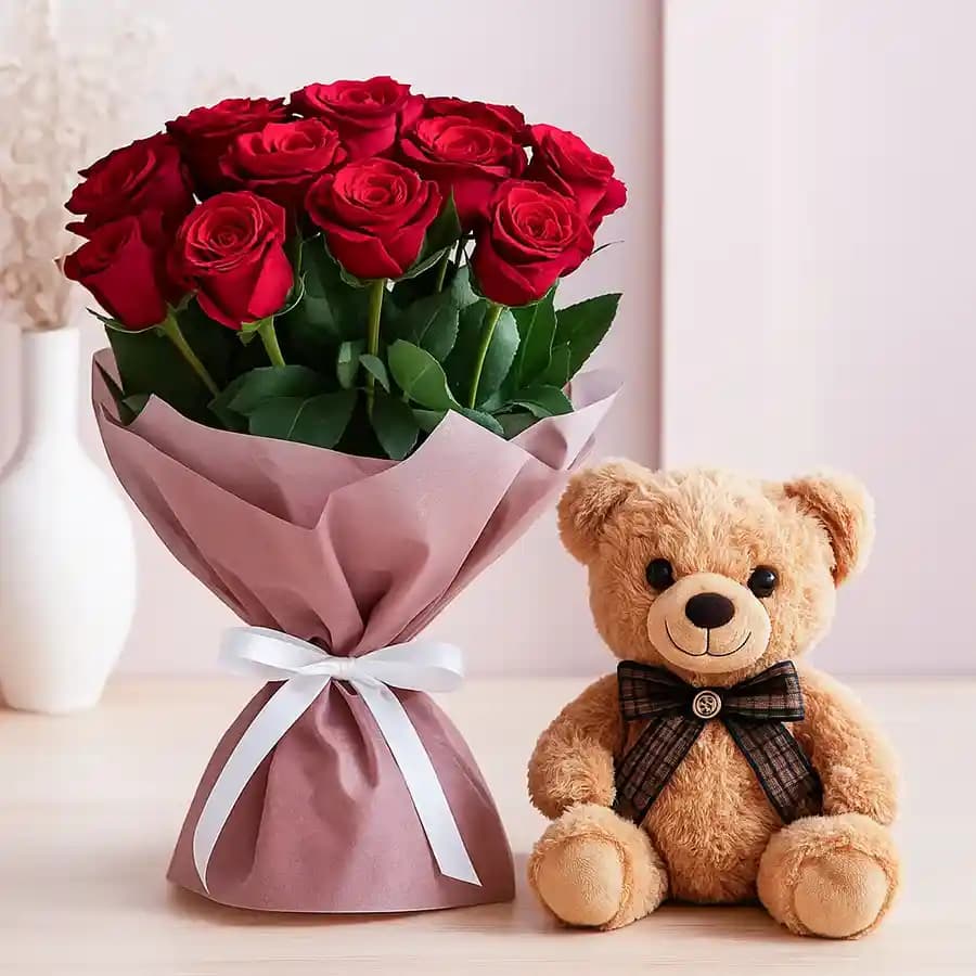 Teddy and Red Rose Bouquet