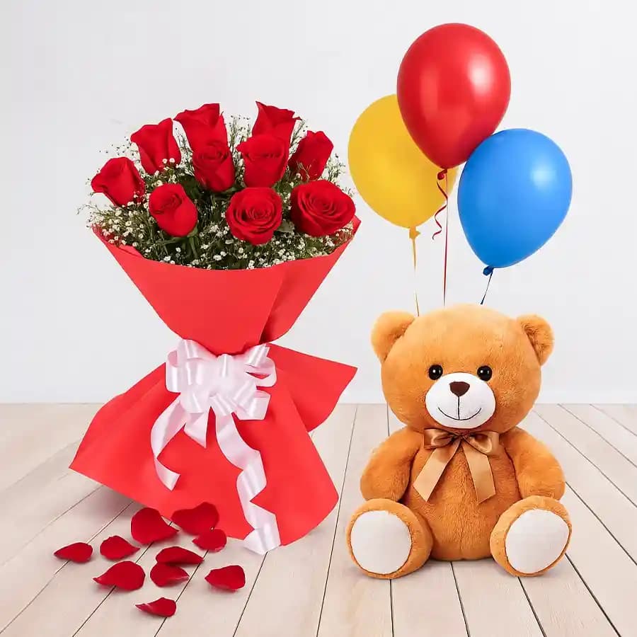 Red Roses with Teddy and Balloons