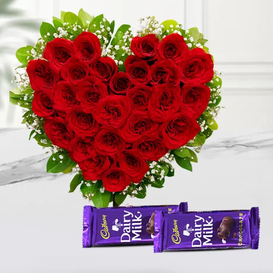 Red Roses in Heart Shape Arrangement with Cadbury Dairy Milk