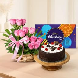Perfect Combo of Cake Pink Roses Arrangement with Cadbury Celebrations 1