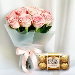 Ever Delightful Pink Roses Bunch and Ferrero Rocher Combo 1