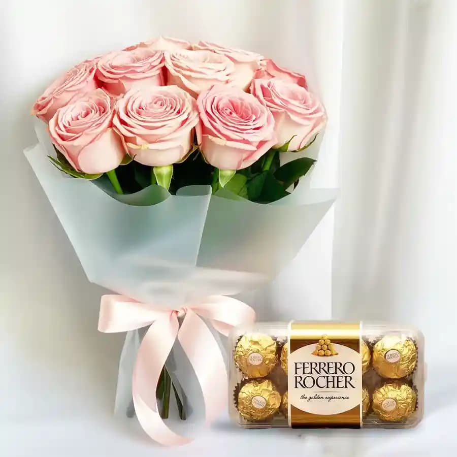 Ever Delightful Pink Roses Bunch and Ferrero Rocher Combo