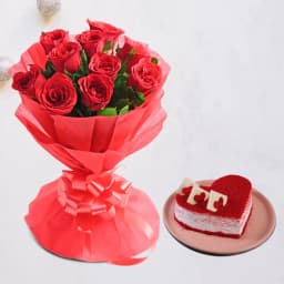 Heart Shape Red Velvet Cake with Red Rose Bouquet 1