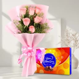 Marvelous Pink Rose Bouquet with Cadbury Celebrations Pack 1
