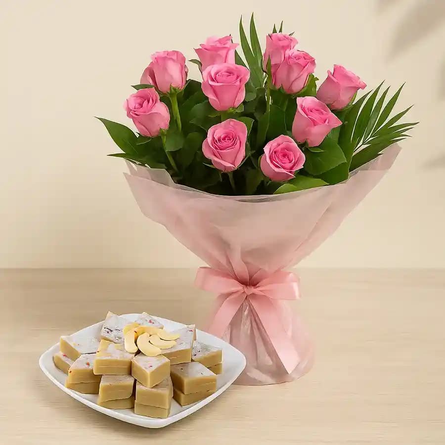Marvelous Pink Roses Bouquet with Kaju Katli