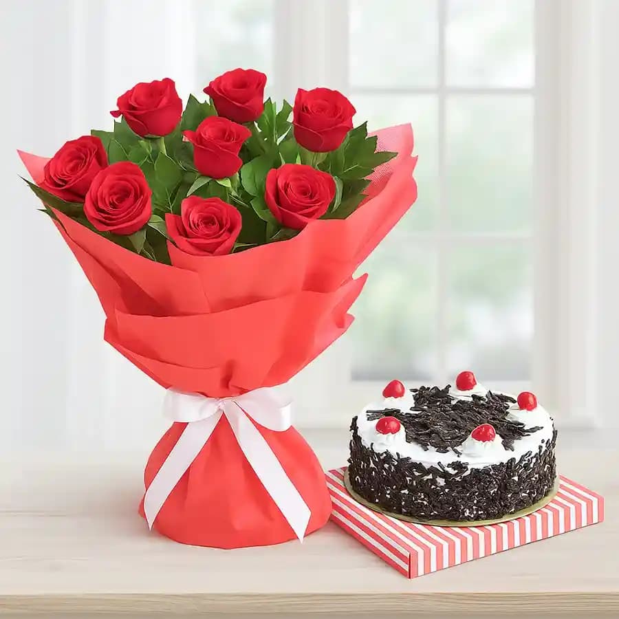Delicious Black Forest Cake with Red Rose Bouquet