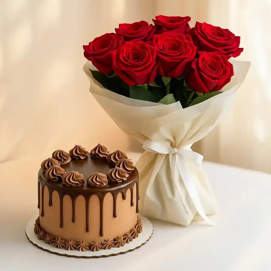 Exotic Red Rose Bouquet and Chocolate Cake