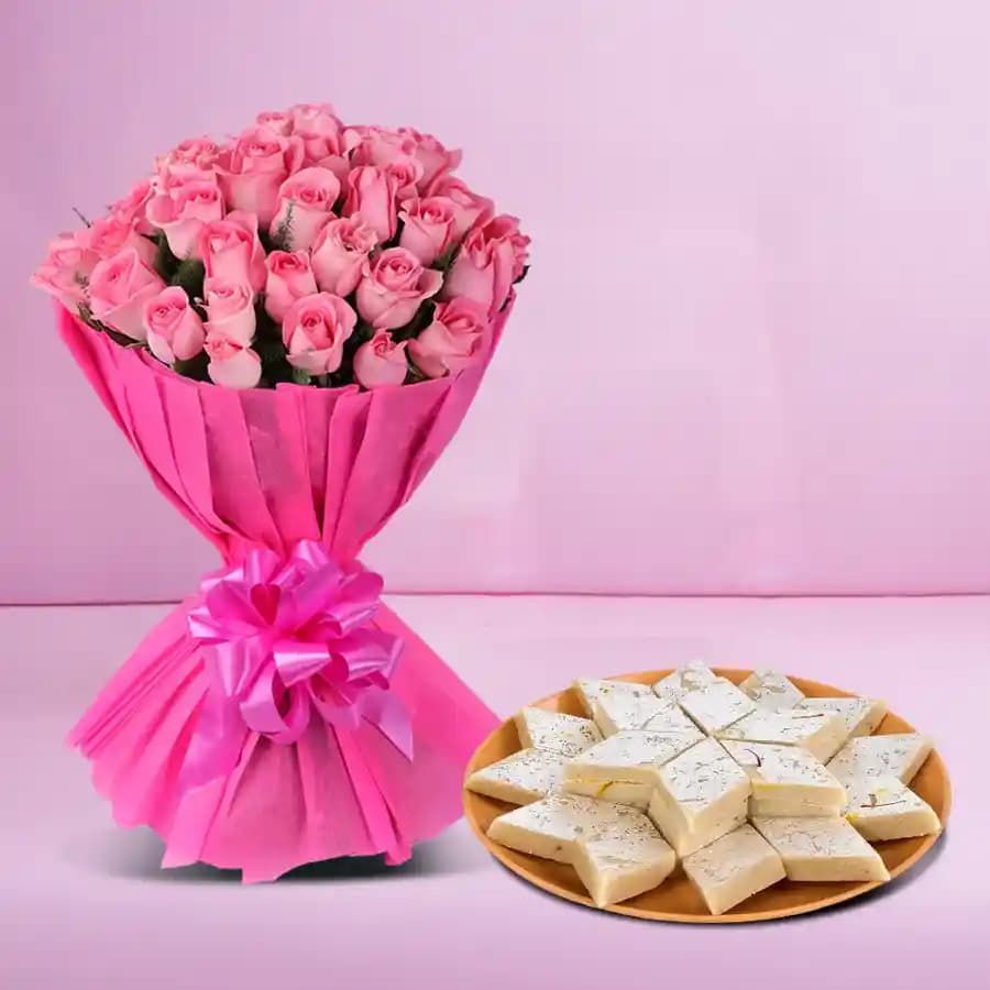 Delicious Kaju Kalti with Pink Roses Bunch