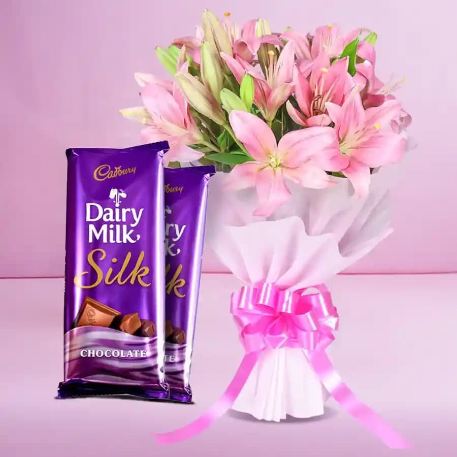 Delicious Dairy Milk Silk with Bouquet of Pink Lilies