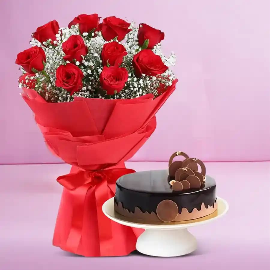 Vibrant Red Rose Bouquet with Chocolate Cake