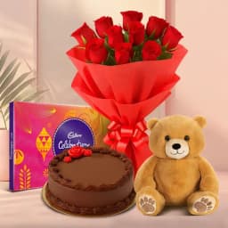 Cute Teddy with Chocolate Cake Red Rose Bouquet N Cadbury Celebrations 1