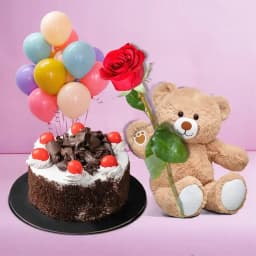 Pretty Single Rose Gift with Fresh Black Forest Cake Teddy and Balloons 1