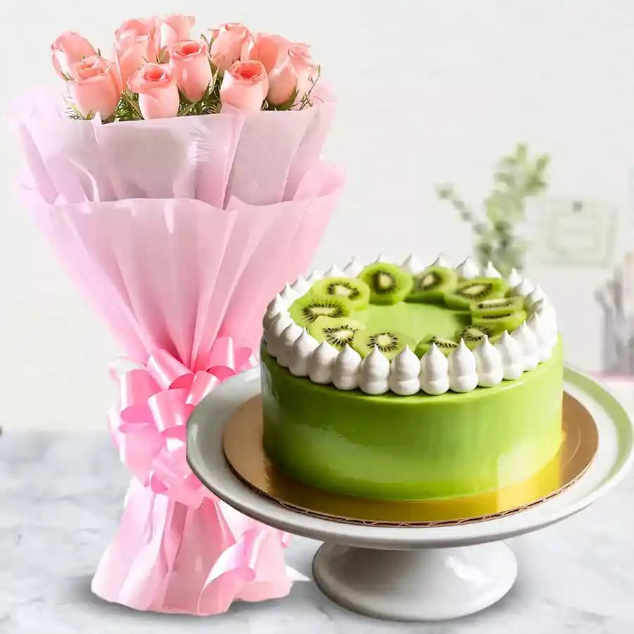 Bouquet of 10 Pink Roses with 1 kg Kiwi Cake