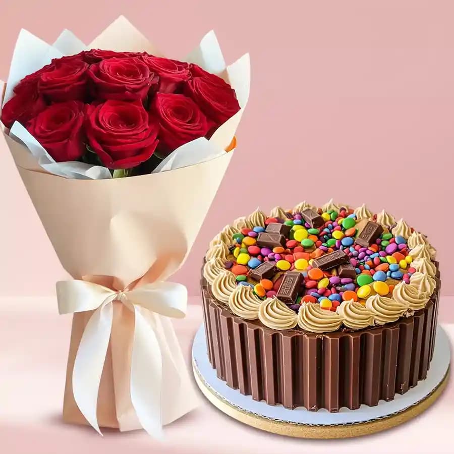 Gorgeous Bouquet of Red Roses with Kit Kat Cake