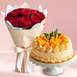 Marvelous Red Roses Bouquet with Mango Flavour Cake 1