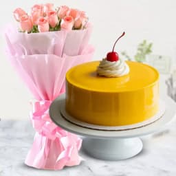 Pink Rose Bouquet with Mango Cake 1