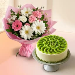 Ravishing Mixed Flowers Bouquet with Kiwi Cake 1