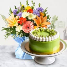 Mixed Flowers Bouquet with 1 kg Kiwi Cake 1