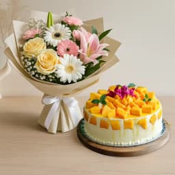 Ravishing Mixed Flowers Bouquet with Mango Cake 1
