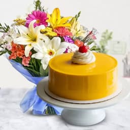 Mixed Flowers Bouquet with 1 kg Mango Cake 1