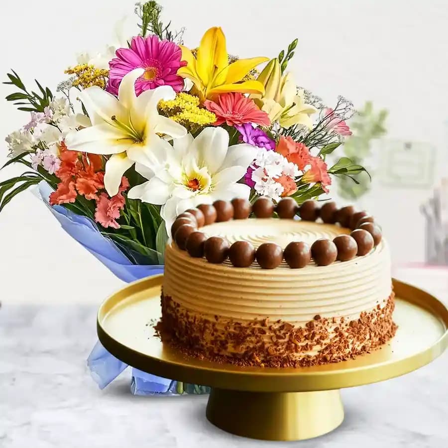 Combo of 12 Mixed Flowers Bouquet N 1 kg Coffee Cake
