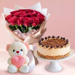 Amazing Combo of Red Roses Bouquet with Coffee Cake N Teddy 1