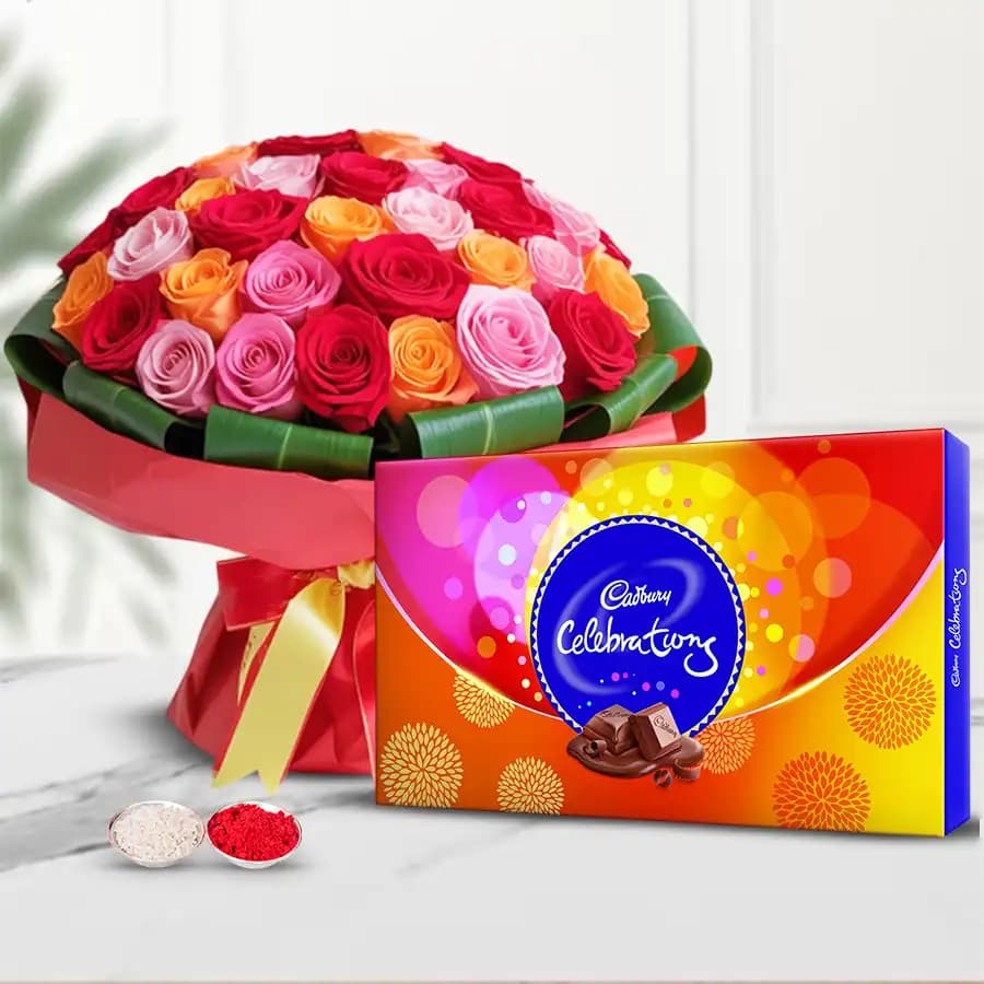 Cadbury Celebrations Pack with Mixed Roses Bouquet.