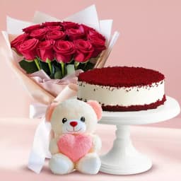 Mouth Watering Red Velvet Cake with Red Roses Bouquet N Teddy 1
