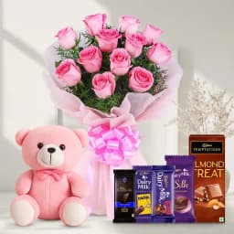 Bouquet of Pink Roses with Teddy N Assorted Cadbury Chocolates 1