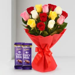 Long Stem Mixed Roses Bouquet with Dairy Milk Crackle 1