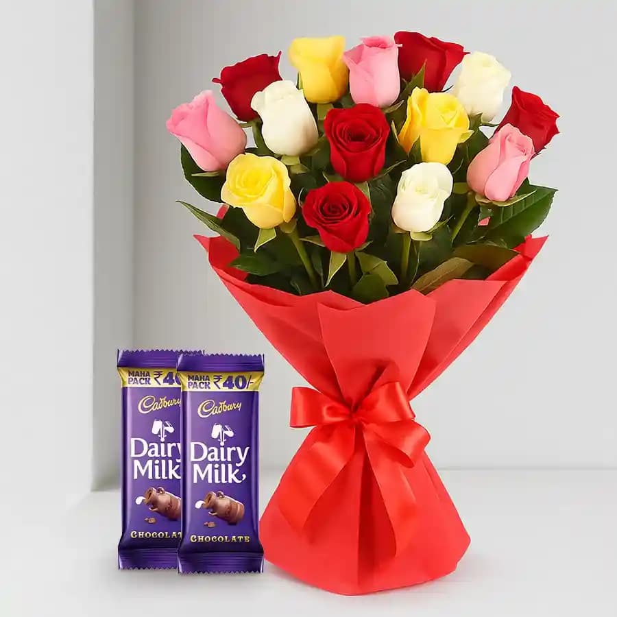 Long Stem Mixed Roses Bouquet with Dairy Milk Crackle