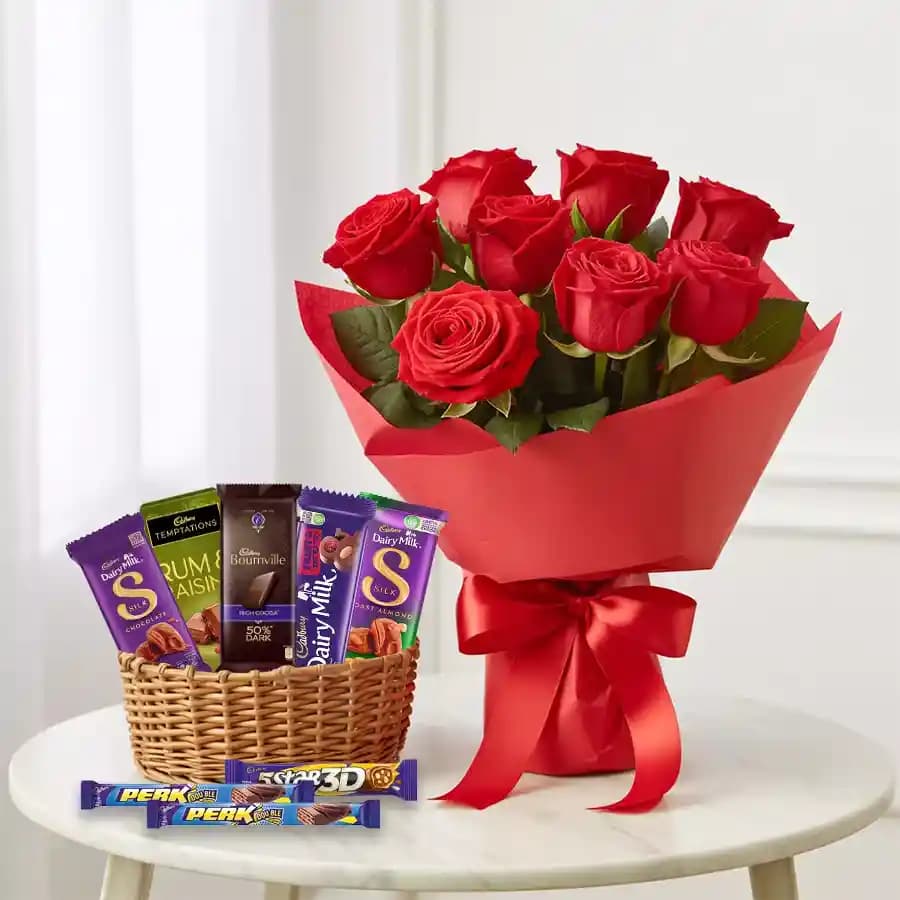 Marvelous Gift Hamper of Cadbury Chocolates with Red Roses Bouquet